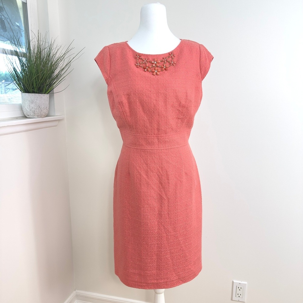 Tweed Sheath Dress 10 Gem Neckline Coral Heritage Chic‎ Y2K Tweed Office Tahari